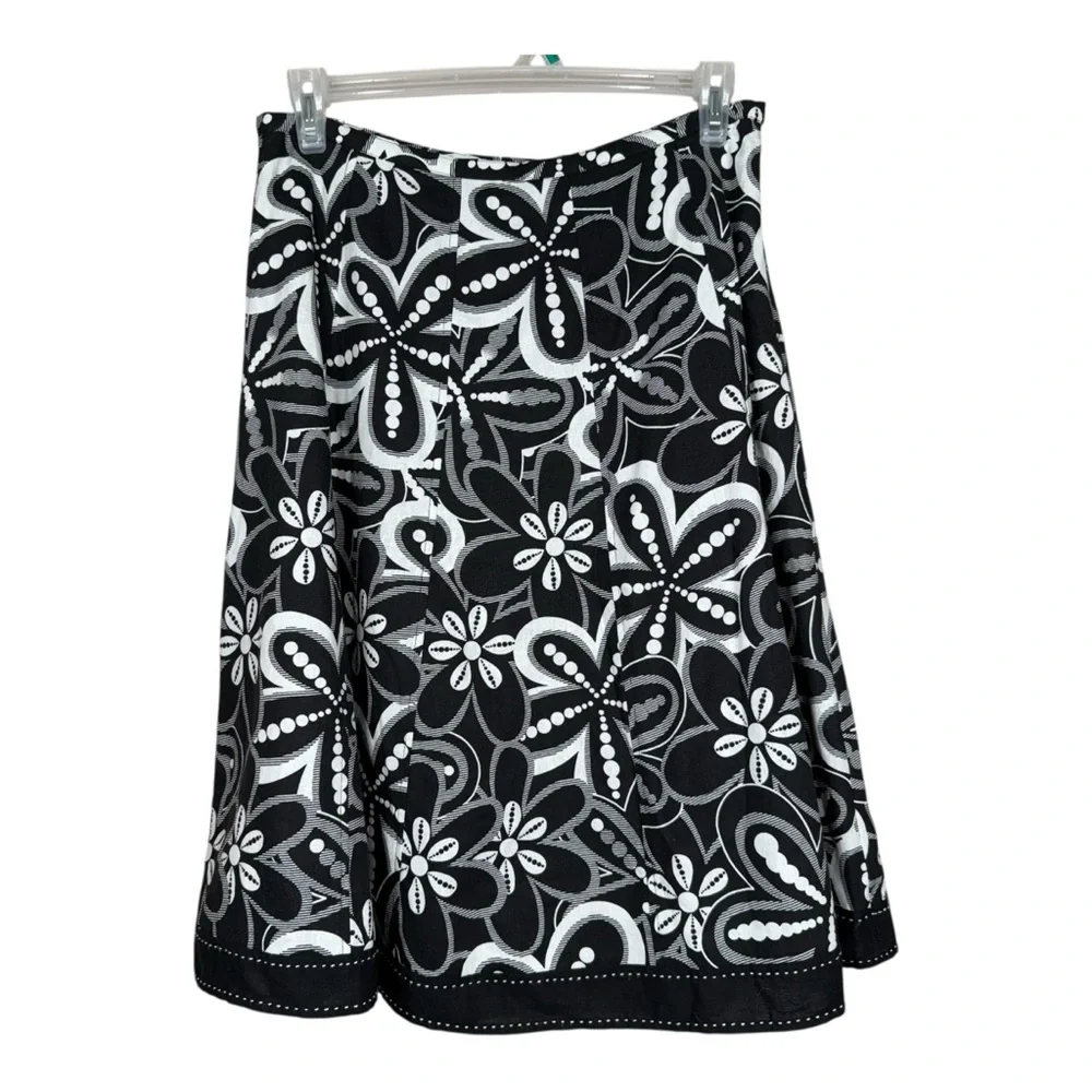 Carole Little Black & White Floral Print A-Line Linen Blend Midi Skirt Size 12